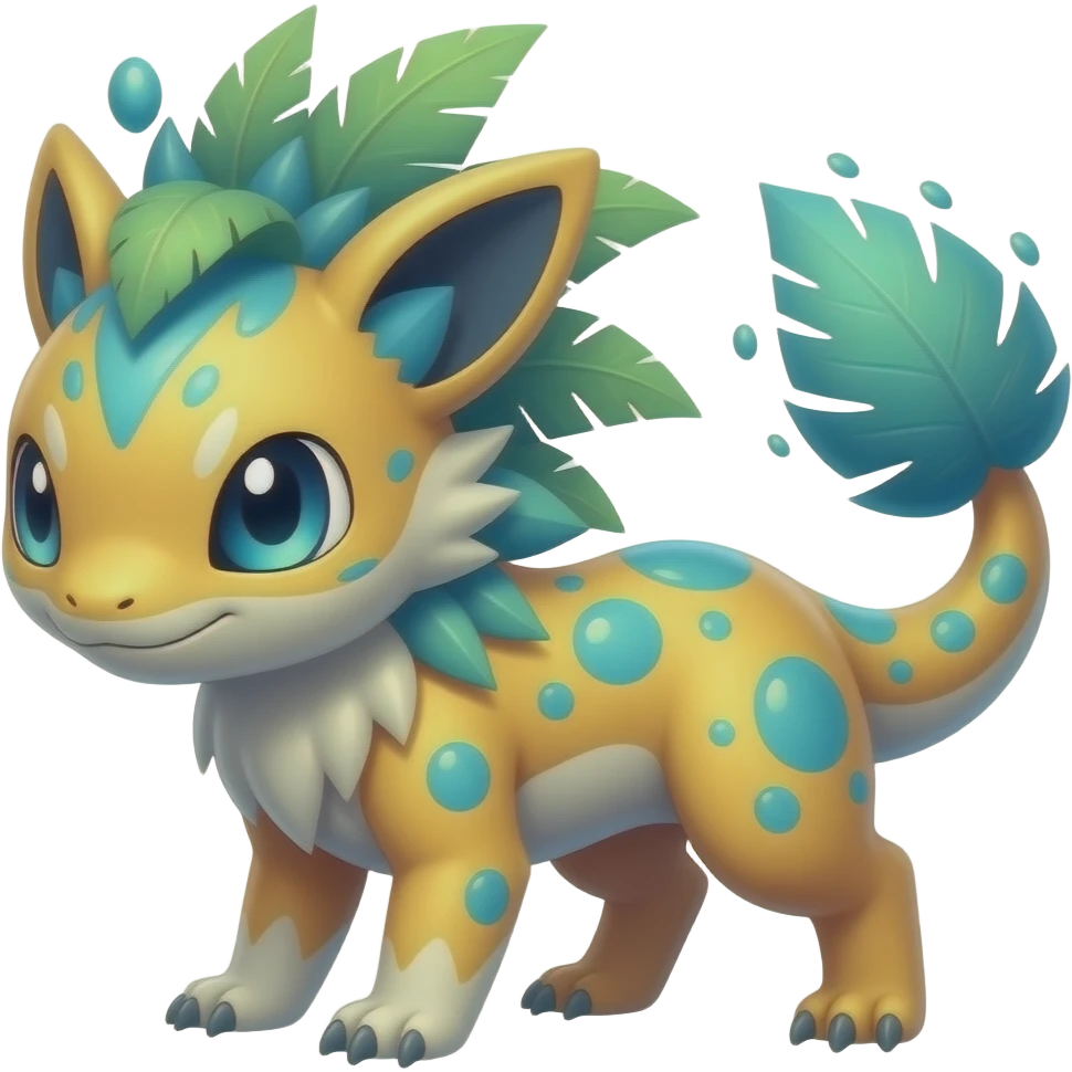 Exotic futuristic lush warm-colored neon tropical Fakémon-Fionbri-creature with cool-colored splash markings emoji