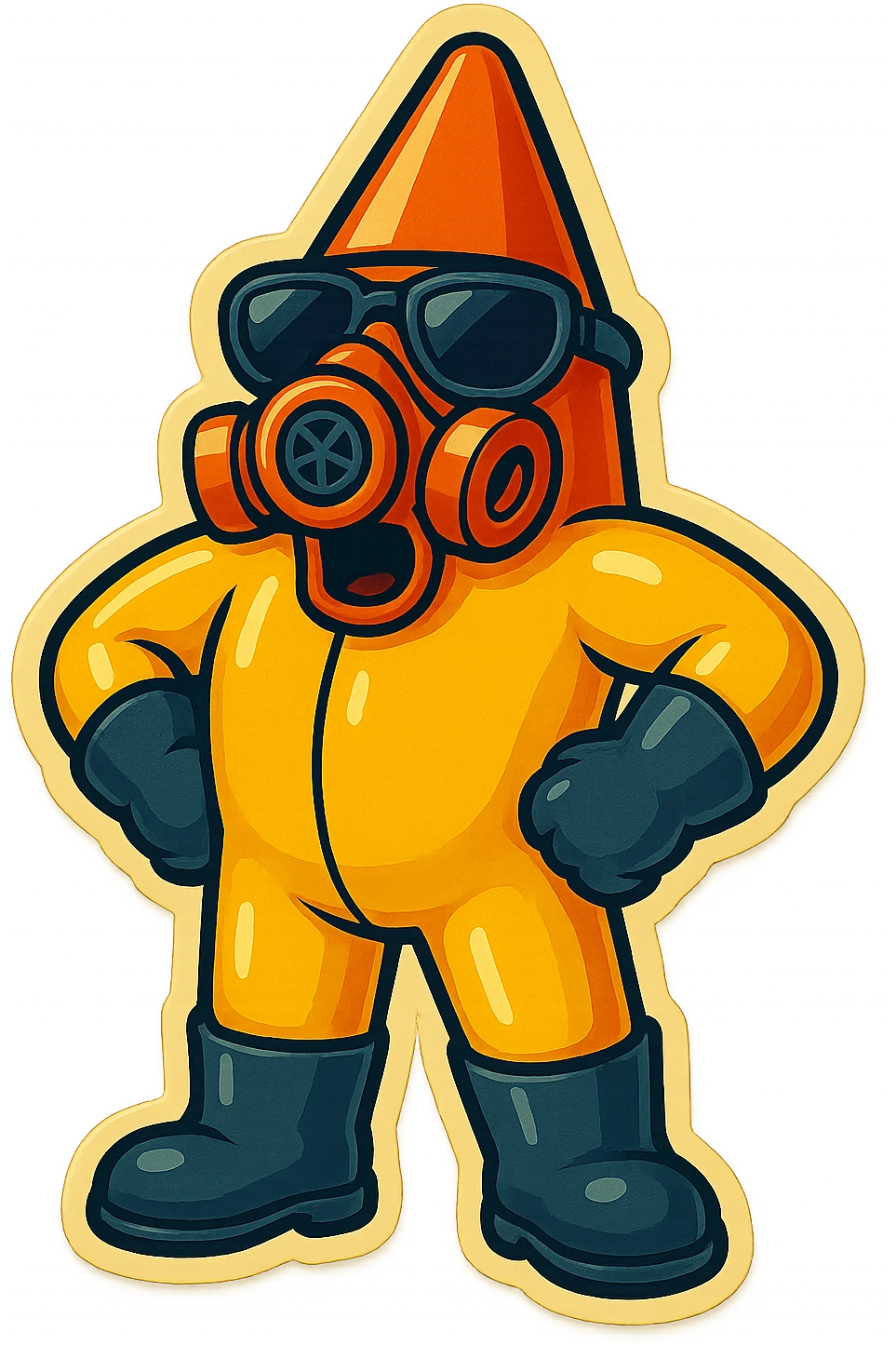This character in retro sticker style, hands on hips, shouting a command. emoji