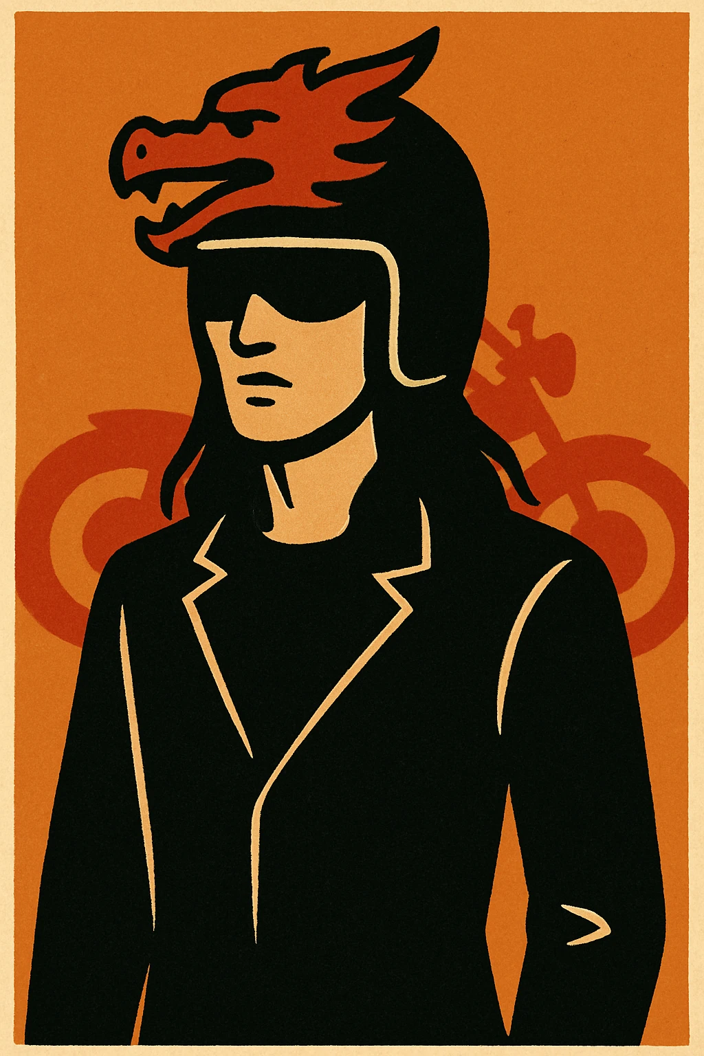 Mysterious biker, long dark hair, dragon helmet, black suit, red motorcycle, fiery background. emoji