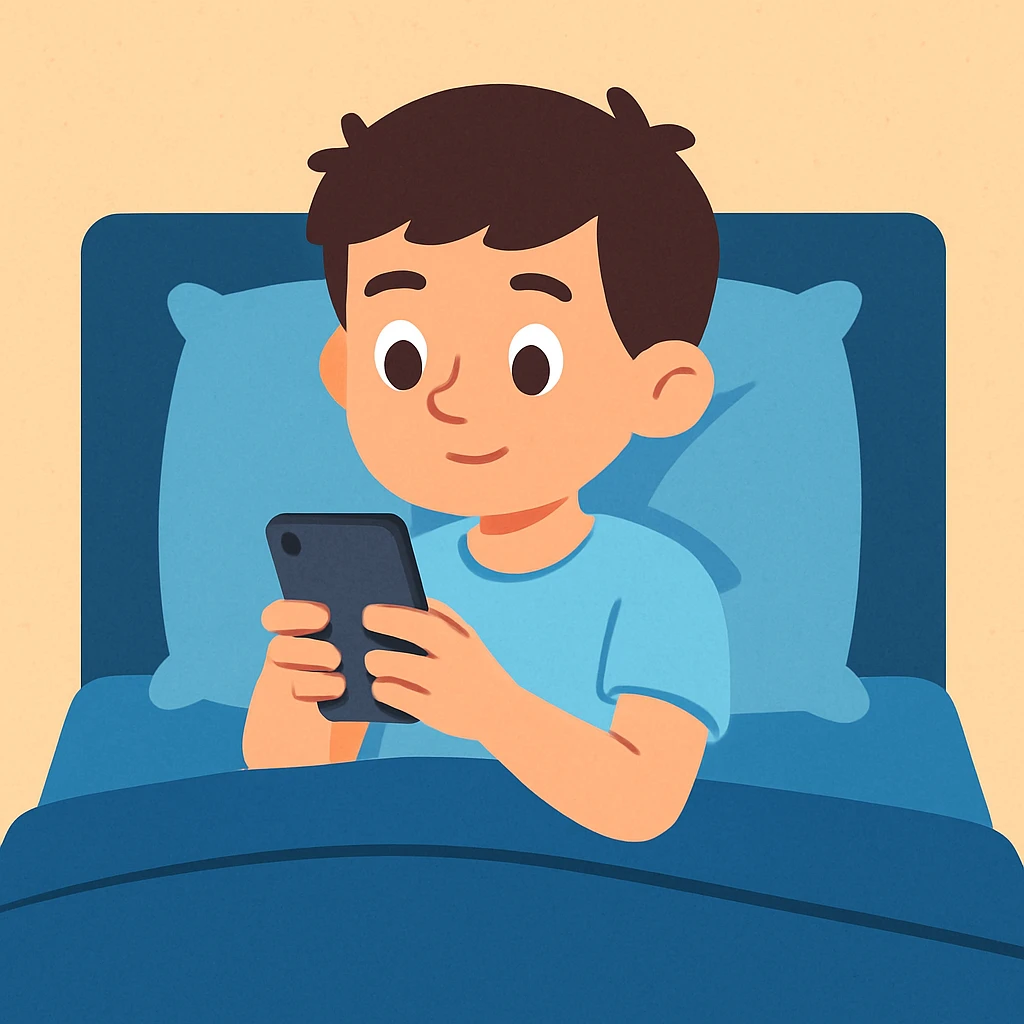 flat toon style boy in a blue bed, on his phone, wearing a light blue t-shirt emoji