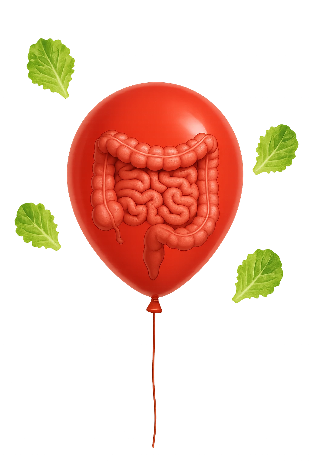 intestino chiuso in un palloncino rosso e foglie di insalata che fluttuano intorno emoji