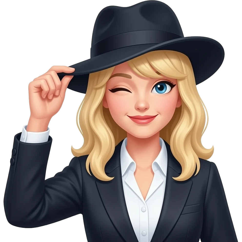 blond woman tipping hat and winking wearing sophisticated woman's clothes add bangs no wink emoji