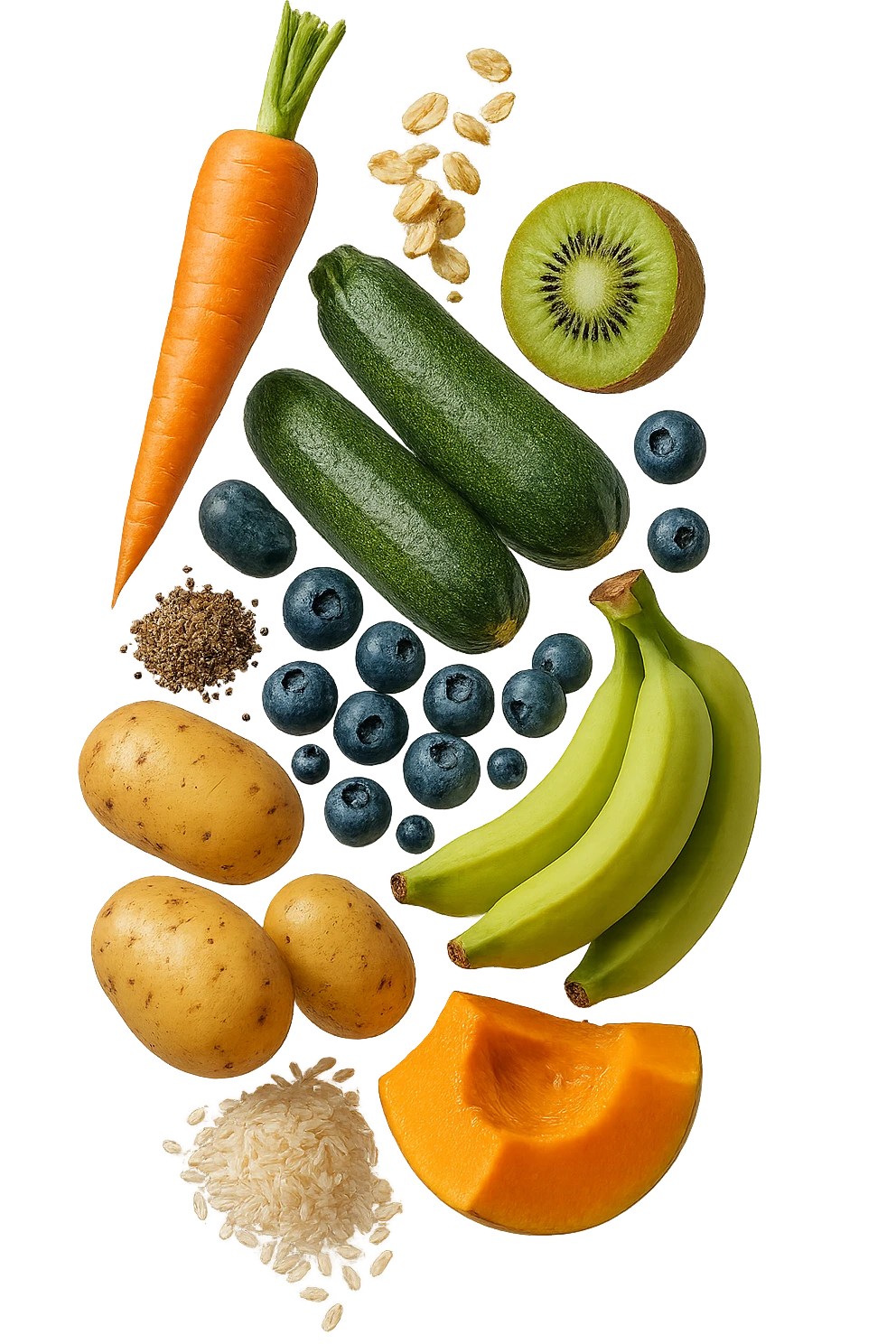 carota, fiocchi di avena, zucchine, kiwi, mirtilli, semi di chia, patate, banane acerbe, zucca, riso fluttuano in aria verticalmente, iperrealistici 4k emoji