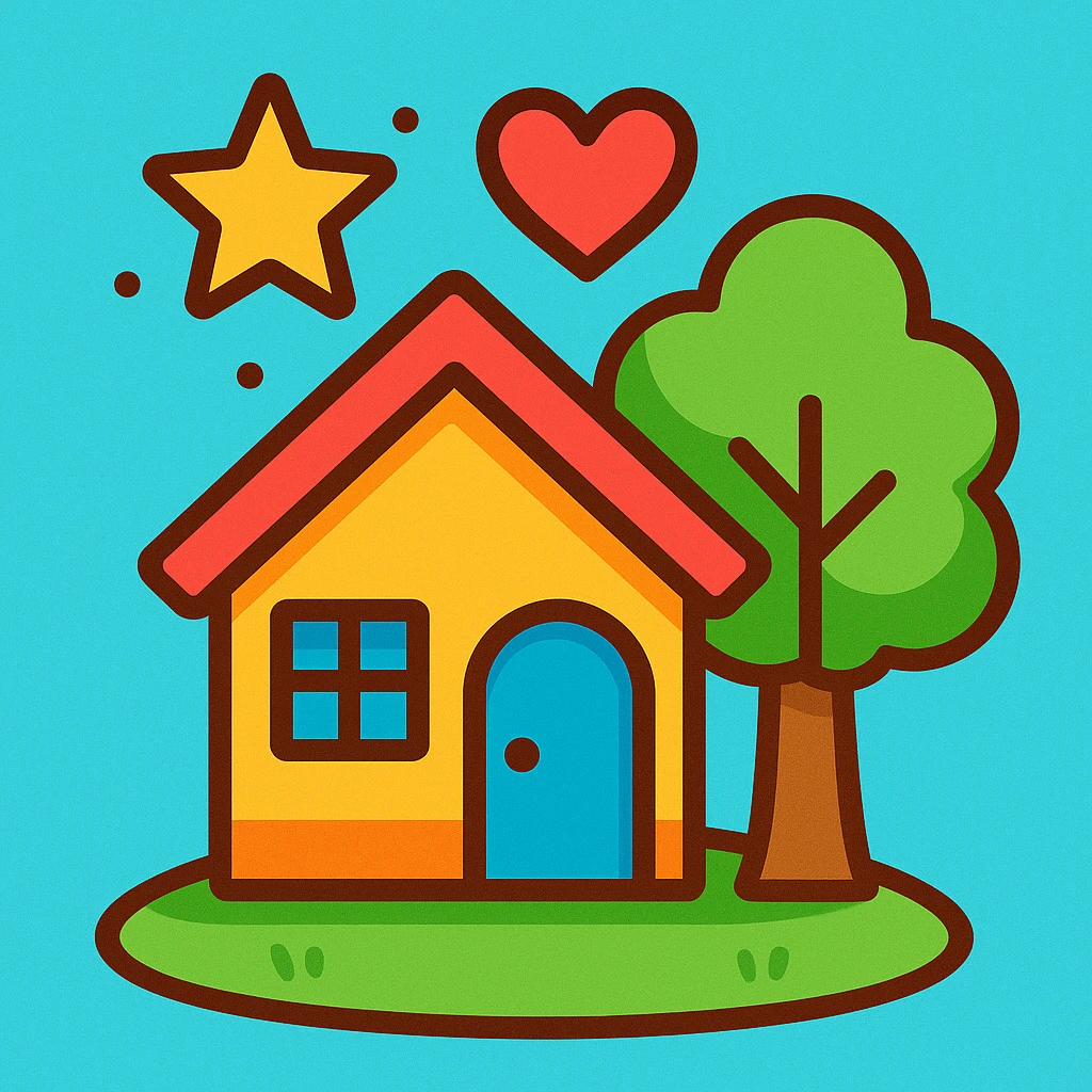 cute small house with a tree beside it, on soft green grass, a heart above the house, golden star in the background, vibrant cartoon style, symbolizing community and youth impact emoji