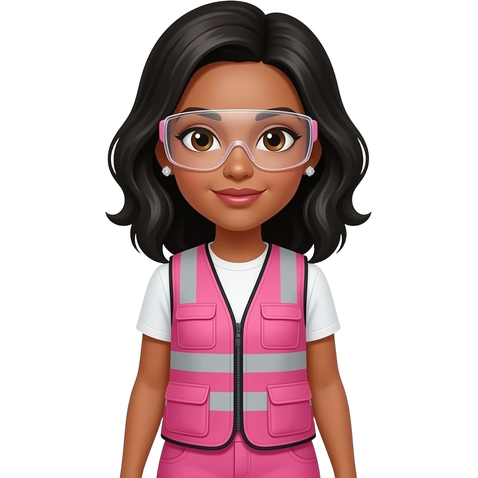 White women with brown eyes with shoulder length black wavy hair wearing diamond earrings wearing pink and clear safety glasses wearing a pink construction vest wearing pink pants emoji