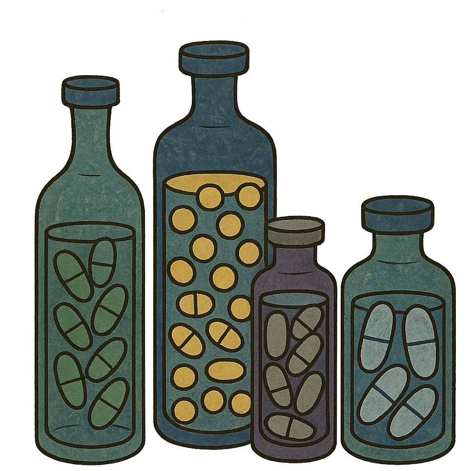 glass Bottles of medicine pills all of different colours emoji