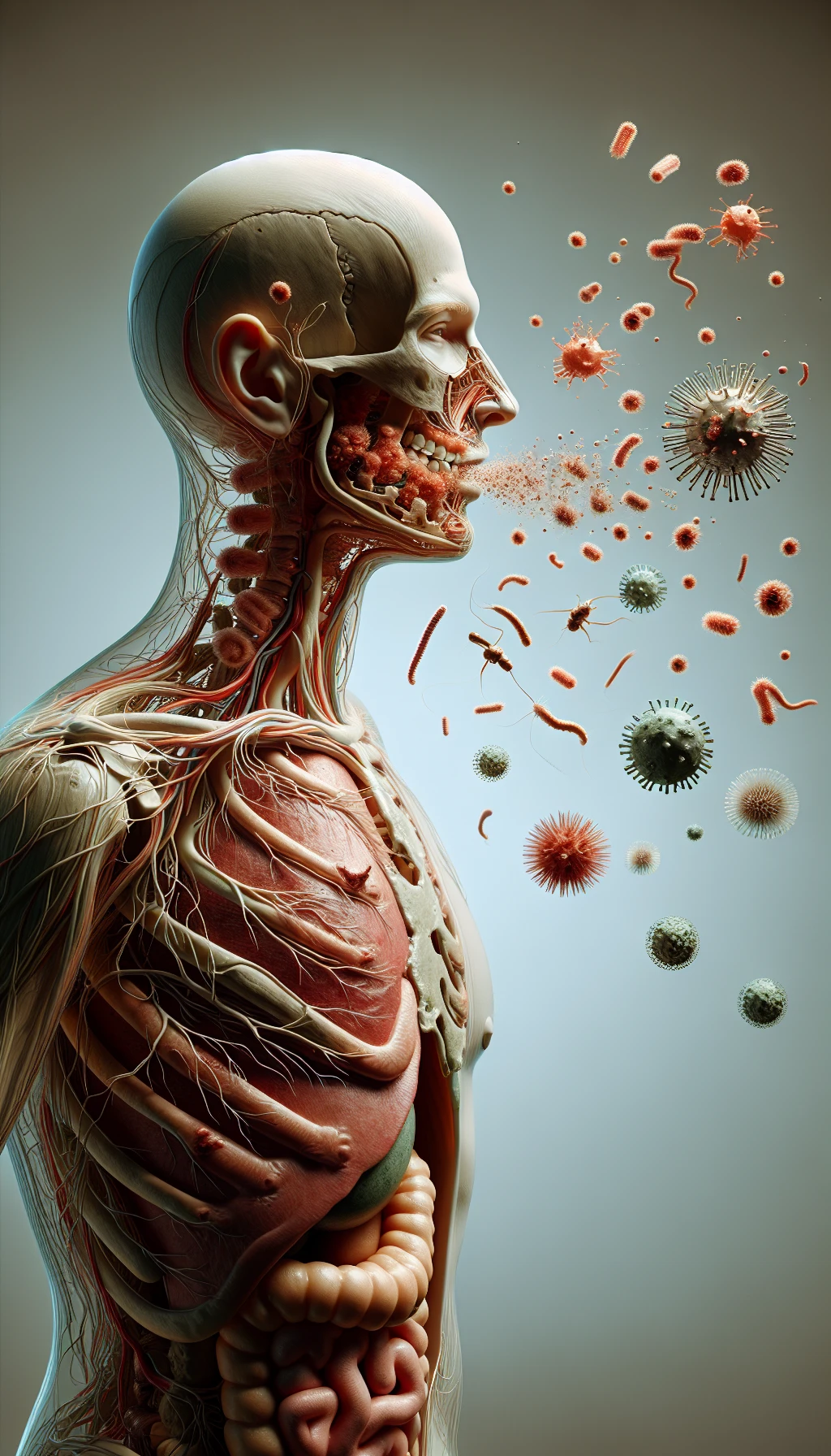 corpo umano anatomico di profilo con virus e parassiti che cercano di attaccarlo , sfondo neutro chiaro, iperrealistico 4k emoji