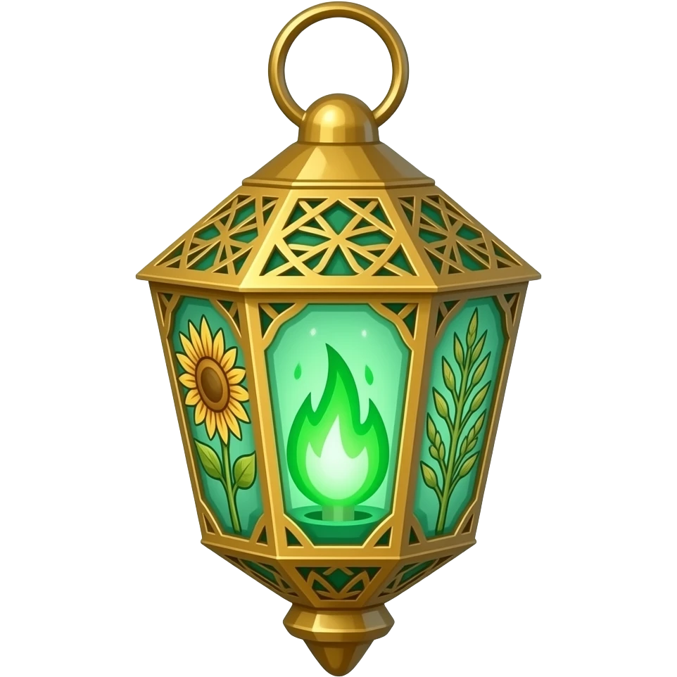 A golden hanging lantern with a bright emerald green flames, an empty loop on top, fae filigree themed sunflowers on the left and asphodels on the right as part of the design, but simple focus more on the green flames, paint the glass more green, have its bottom point come to some sort of point emoji