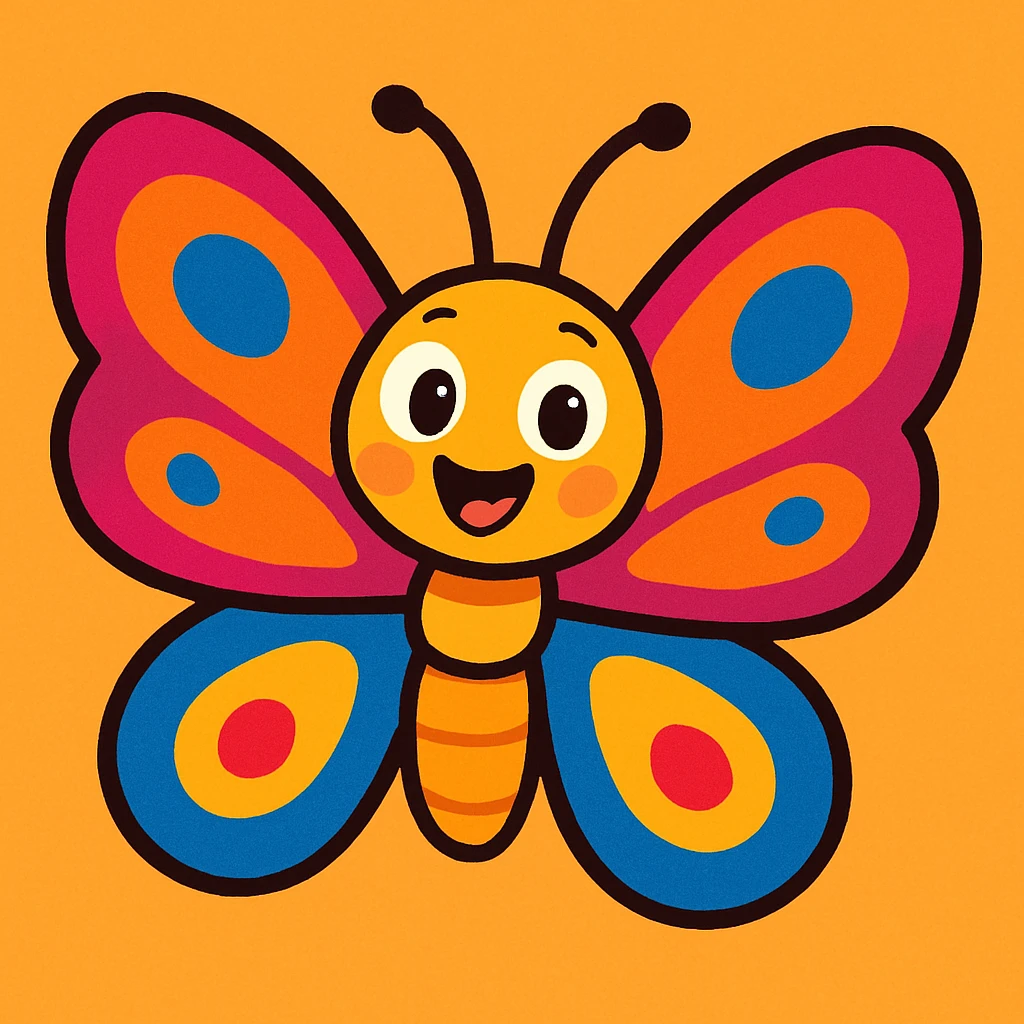 a butterfly in vibrant cartoon style with colorful wings and a cheerful expression emoji