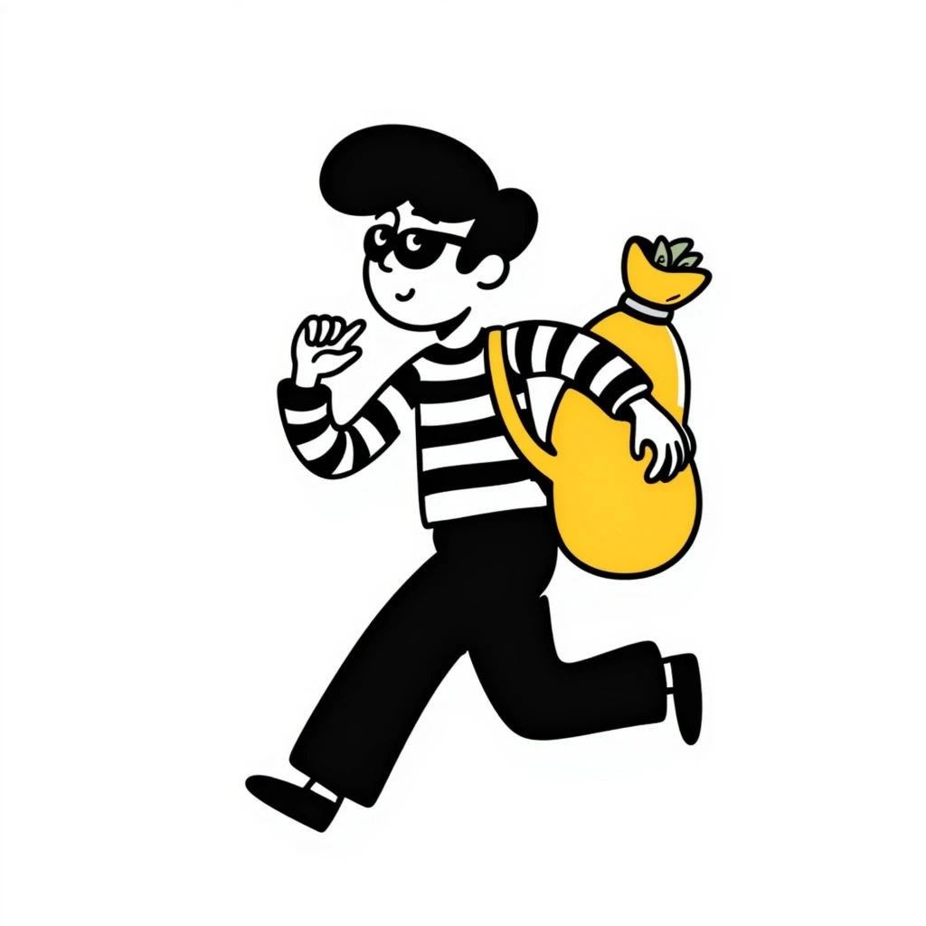 black and white striped robber man carrying a yellow bag of money, hand-drawn doodle style emoji