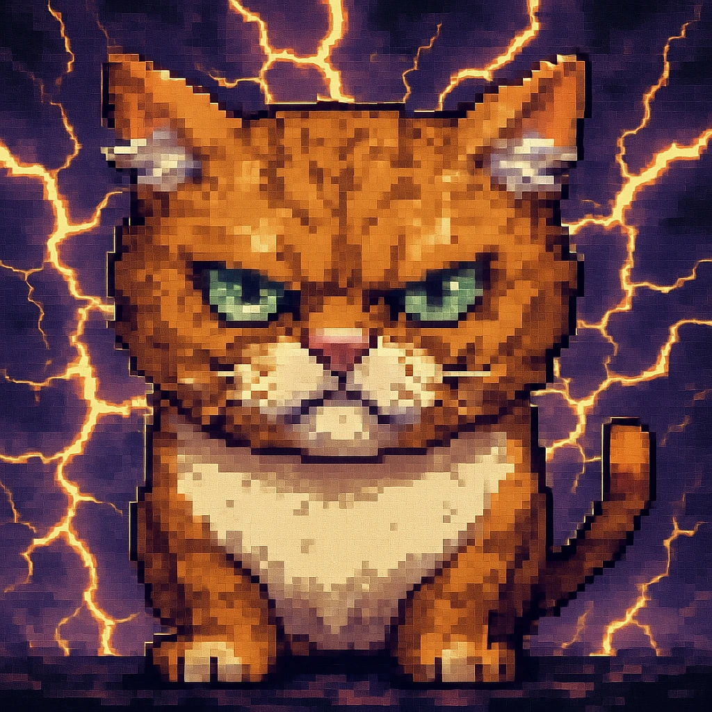 Add a dramatic lightning background behind the angry cat in the style of pixel art. Keep the pixel art style look. emoji