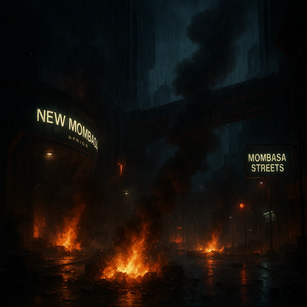 Night time streets of New Mombasa from ODST. "Mombasa Streets"  dying battle flames and smoke rise amongst pouring rain emoji