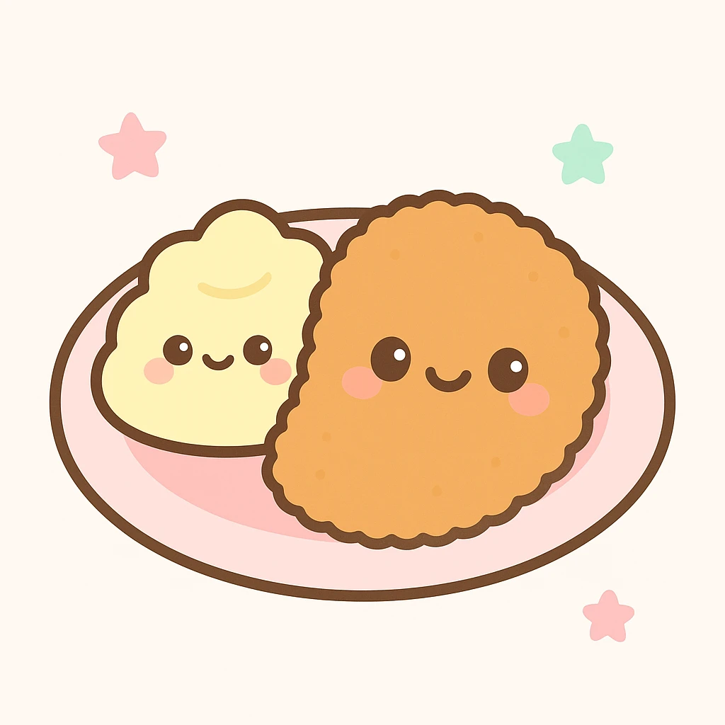 plato de milanesa con puré, el puré junto a la milanesa en el mismo plato, a modo de acompañamiento, comida simpática y adorable emoji