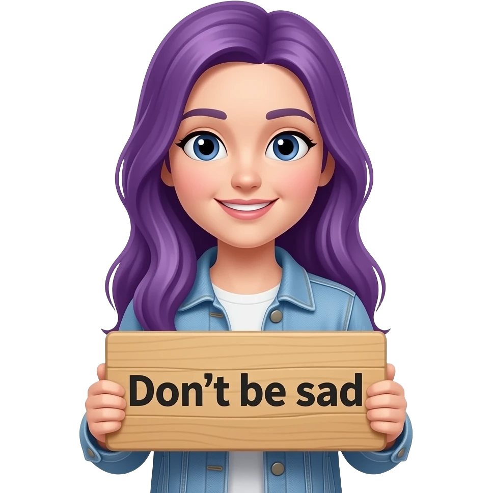 girl with long purple hair with a don't be sad sign emoji