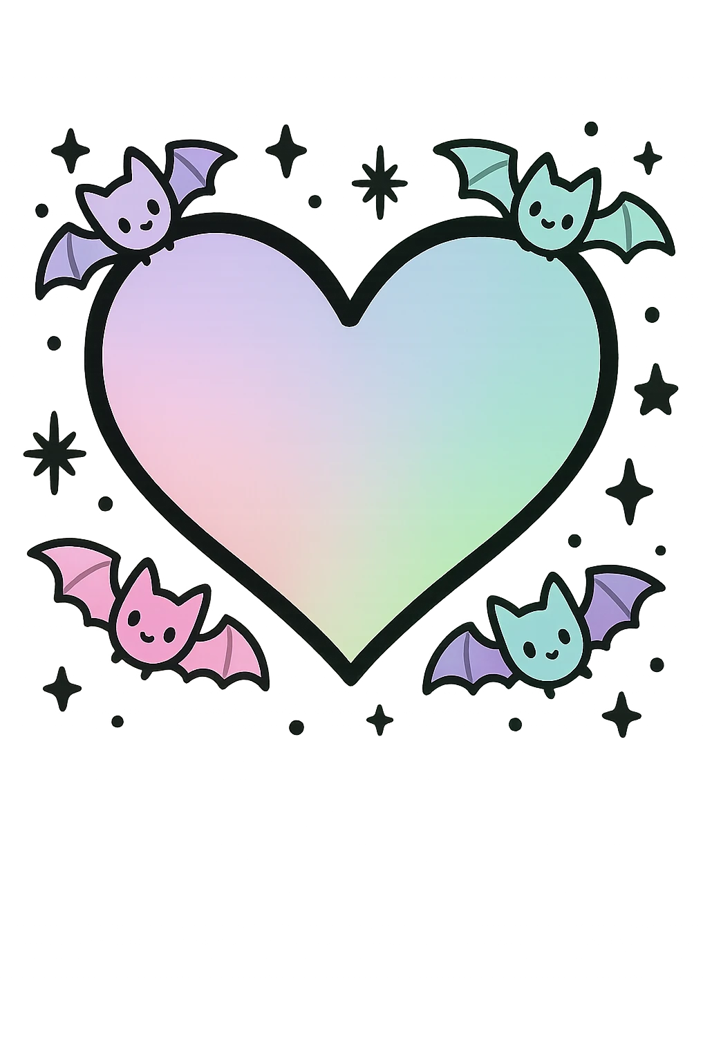 Remove the background, keep the pastel goth heart with pastel bats and black stars, transparent background. emoji
