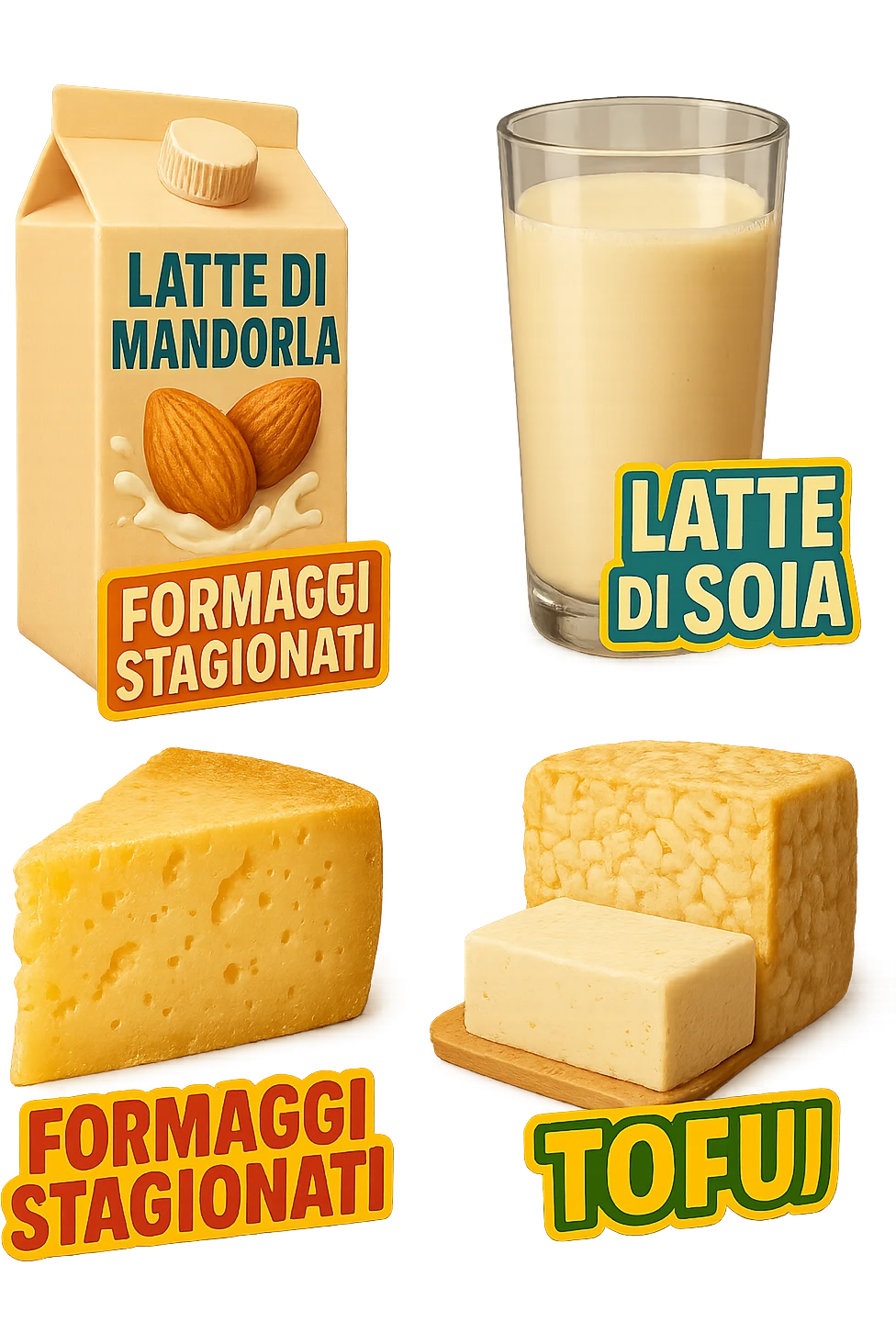 emoji stile iphone 3d di Latte e yogurt delattosati in italiano
Latte di mandorla (non zuccherato)
Latte di soia da proteine isolate
Formaggi stagionati (es. parmigiano)
Tofu compatto e tempeh
 che fluttuano in aria, iperealistico 4k emoji