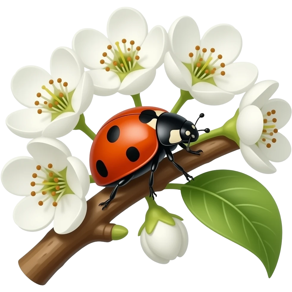нарисуй божью коровку которая сидит на ветке с цветами груши emoji