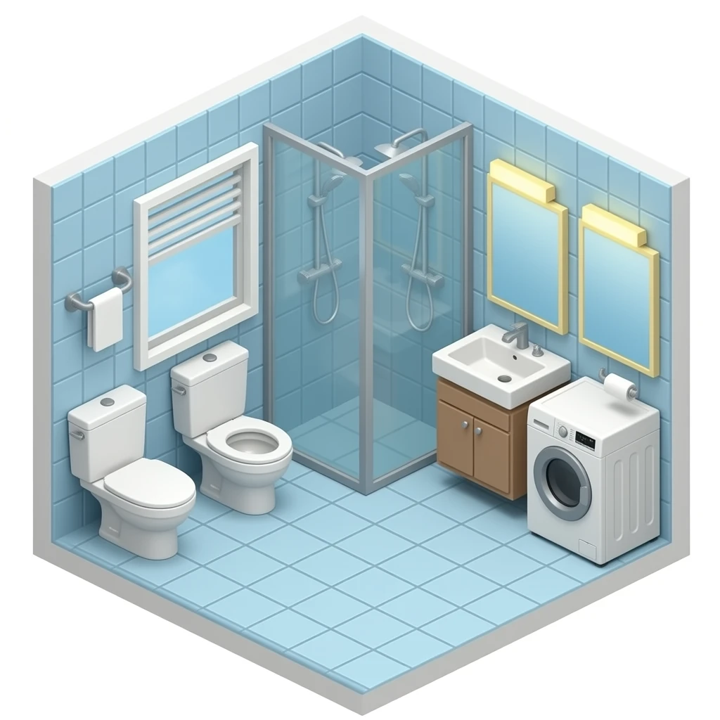 bathroom with 3 toilets, 2 showers, 1 washing machine, 2 sinks emoji