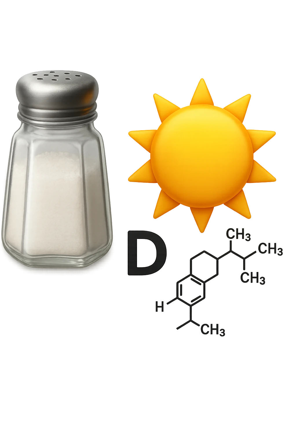 emoji stile iphone di una boccetta di sale, un sole, una particella chimica di VITAMINA D, IPERREALISTICO 4K emoji