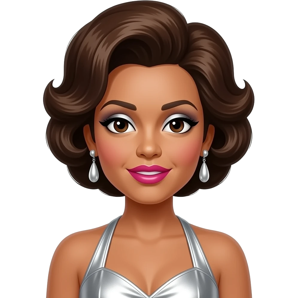 Mary Wilson from The Supremes with dark brown eyes, brown beehive hair, silver eyeshadow, hot pink lipstick, silver metallic halter dress, silver earrings emoji