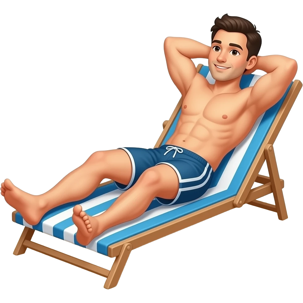 Erstellen ein Emoji von einem Mann der sich in Badehose am Strand als Hintergrund auf einer liege in der Sonne entspannt sonnt emoji