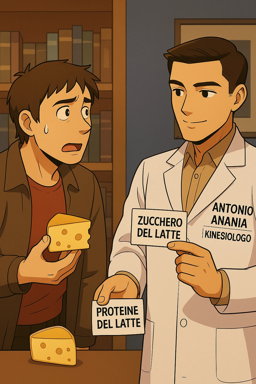 fai un webtoon manga a colori con questo stile, in cui un uomo fa una domanda al kinesiologo con il camice bianco (fagli anche la scritta "ANTONIO ANANIA" SUL CAMICE, l'uomo chiede una cosa mostrando un formaggio e uno yogurt al kinesiologo con il camice, IL KINESIOLOGO annuisce e SPIEGA ALL'UOMO UNA cos. L'UOMO ha un ESPRESSIONE CONFUSA IN VOLTO. non fare i fumetti però, fai solo in modo che sembri stiano parlando emoji