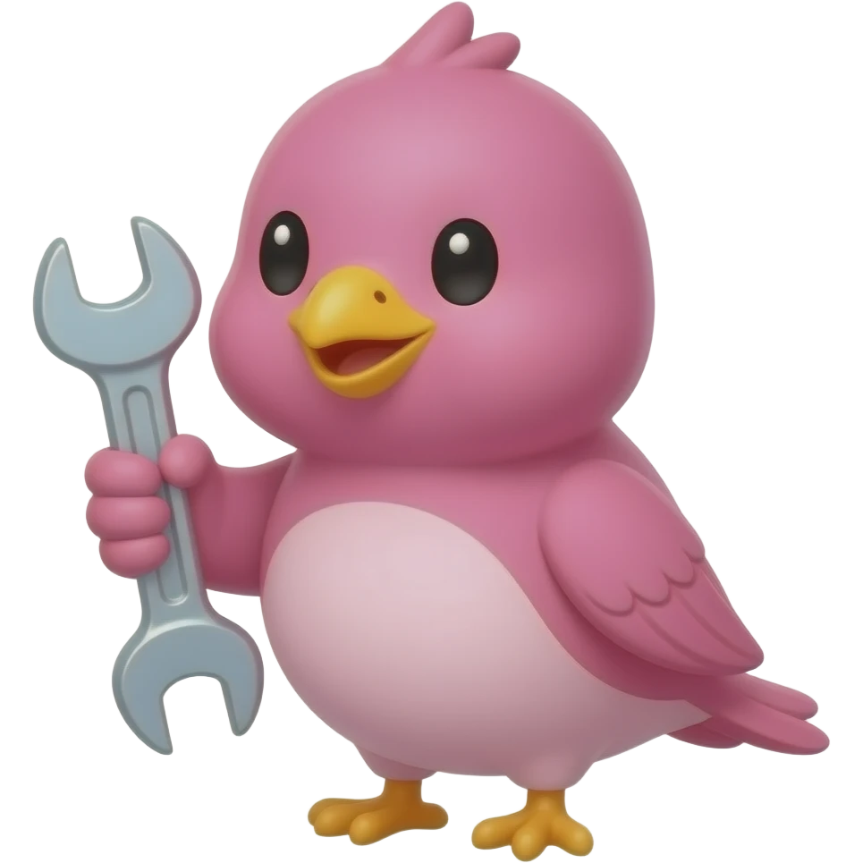 lovable small pink bird in a kawaii style holding a spanner. the image must be a transparent .png emoji