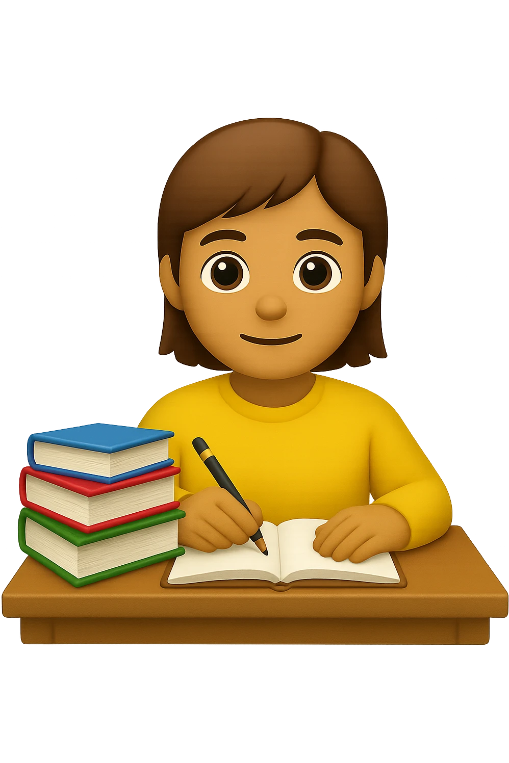 Edit the image to depict a student working at a desk with a stack of books on the desk in the style of apple emojis. Maintain the apple emoji style and add a stack of books on the desk clearly visible. emoji