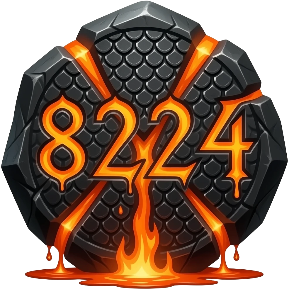 A heavy obsidian letter '8224' with molten lava flowing through engraved draconic scales. Emitting orange embers and heat distortion. Dark fantasy aesthetic, metallic texture, dramatic shadows emoji
