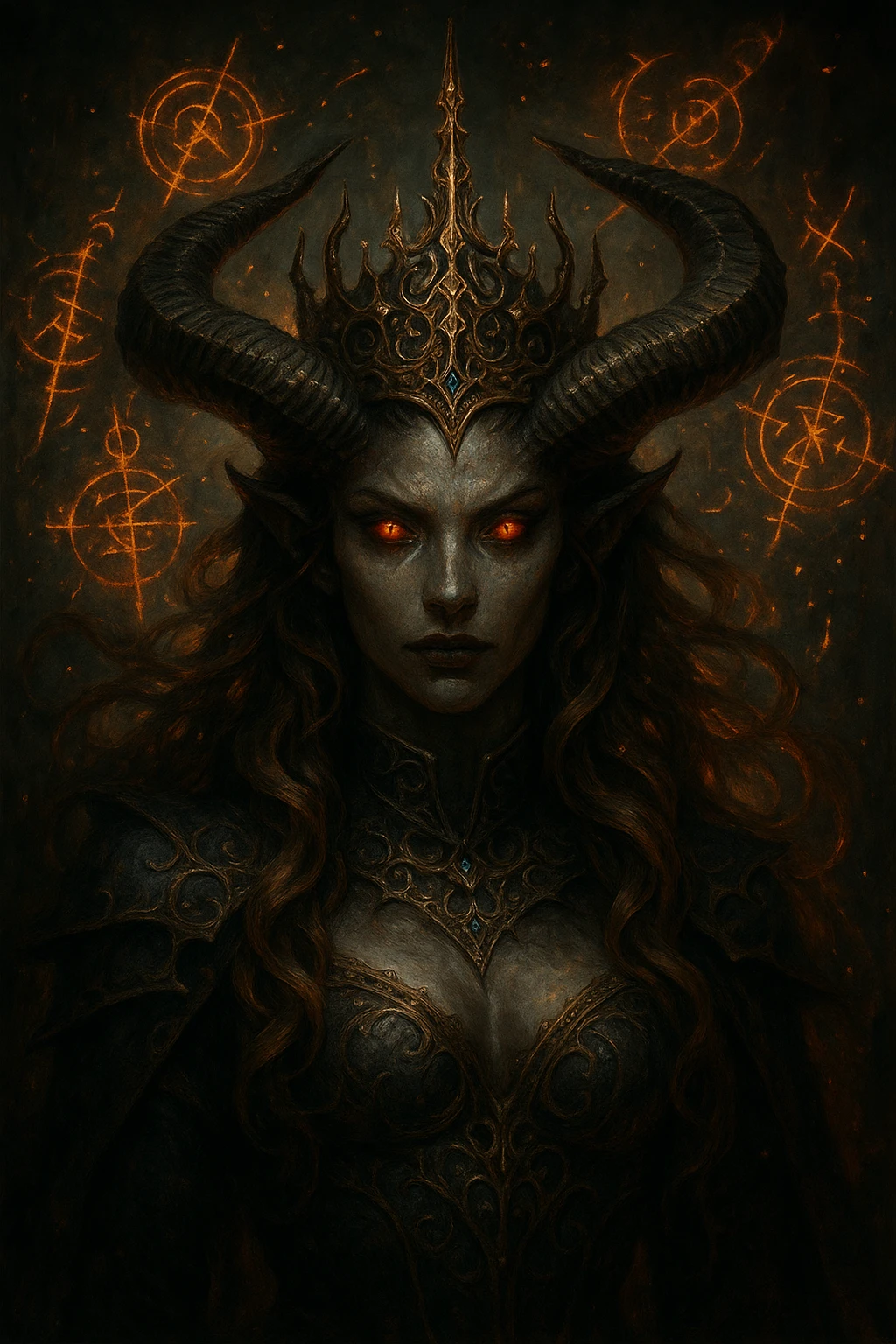 demon queen with horns and brown hair, ornate crown, mystical aura, fantasy style emoji