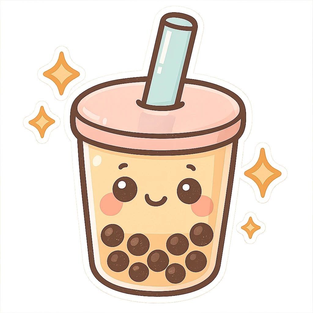 chibi sticker-style bubble tea with sparkles, cute and exaggerated emoji