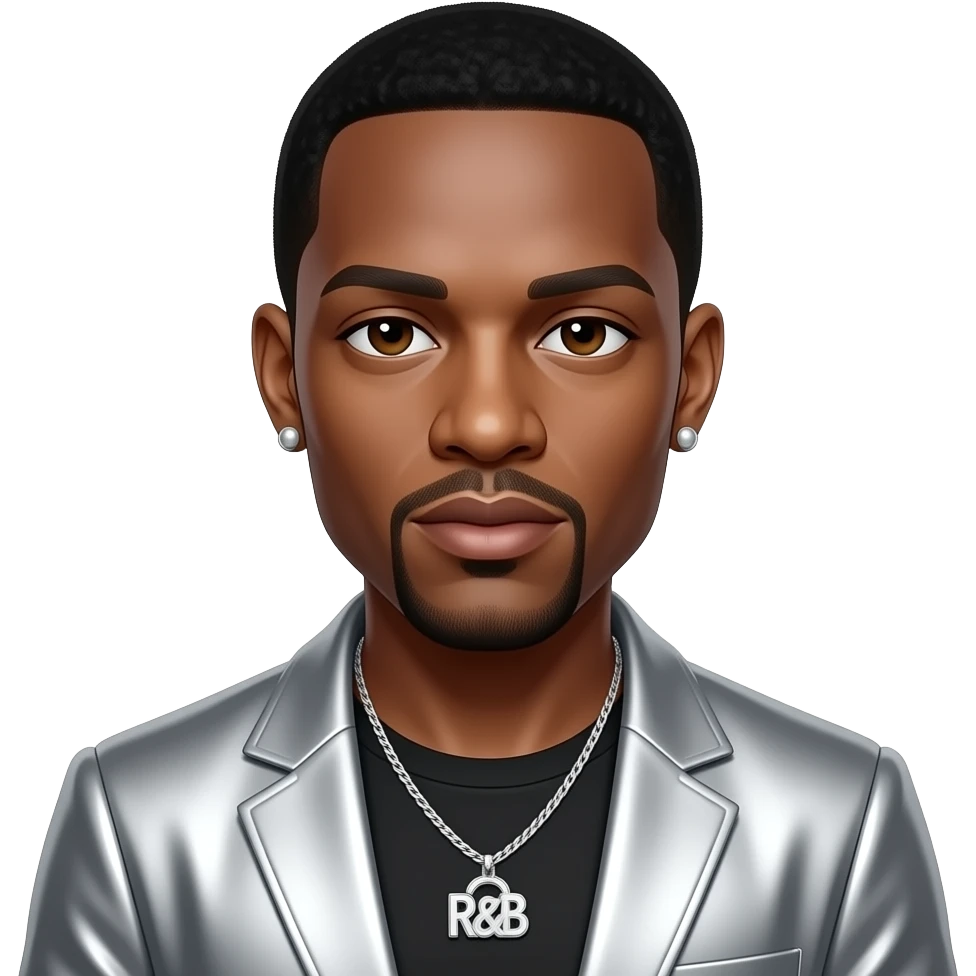 R. Kelly with dark brown eyes, black hair, silver metallic R&B outfit, necklace and earrings emoji