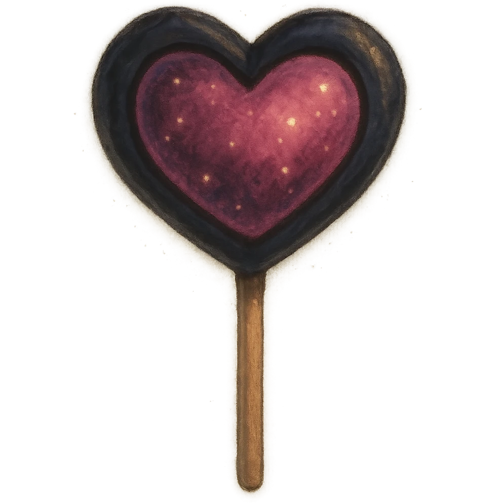heart-shaped lollipop in black and pink, soft painterly look, magical atmosphere emoji