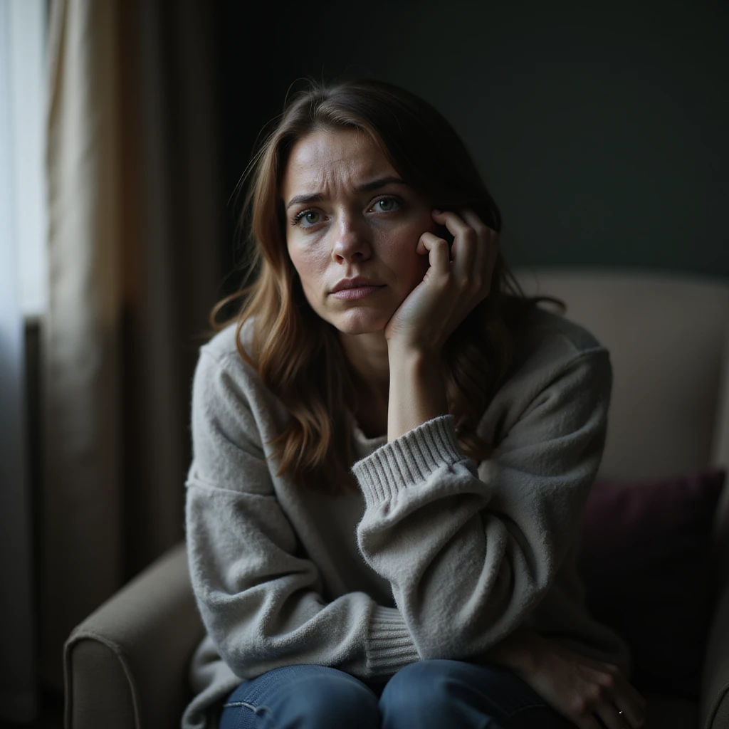 woman seated with exhausted expression, head resting on one hand, marked dark circles, pale skin, realistic environment, hyperrealistic 4K details, vertical 9:16 format emoji