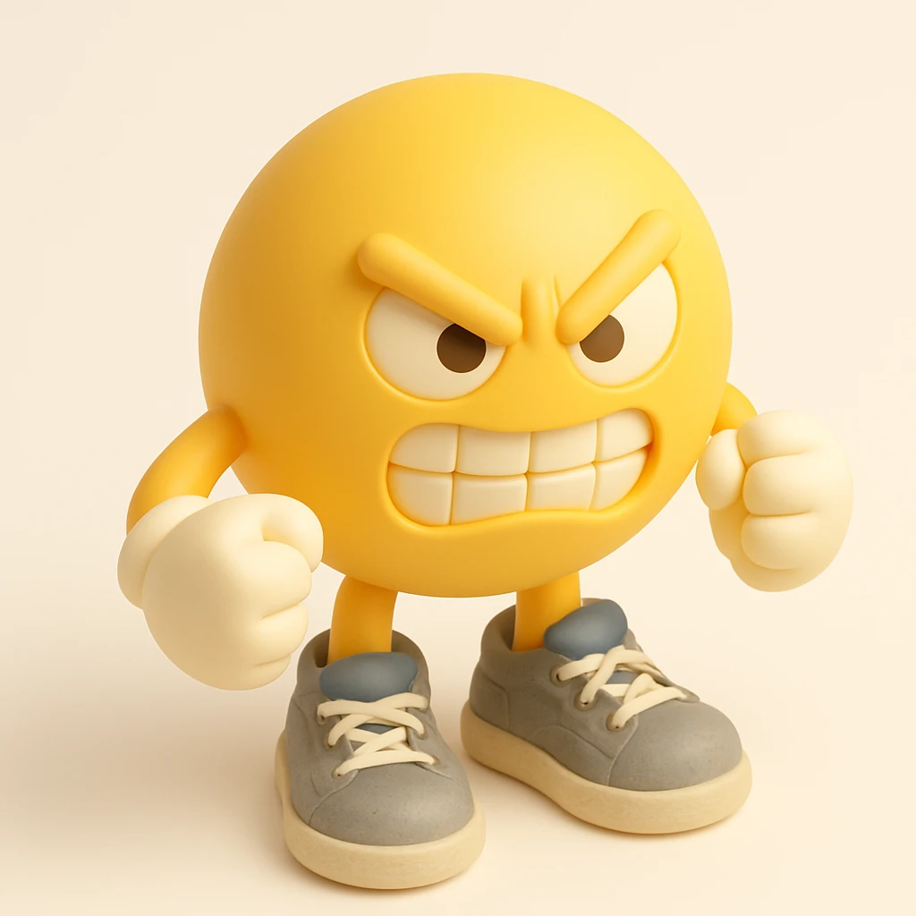 3D animated yellow emoji character with an angry expression: furrowed brows, narrowed eyes, wide gritted-teeth grin. White gloved hands clenched into fists in a fighting stance. Large, worn-out gray sneakers with blue tongues and white laces. Solid black background. emoji