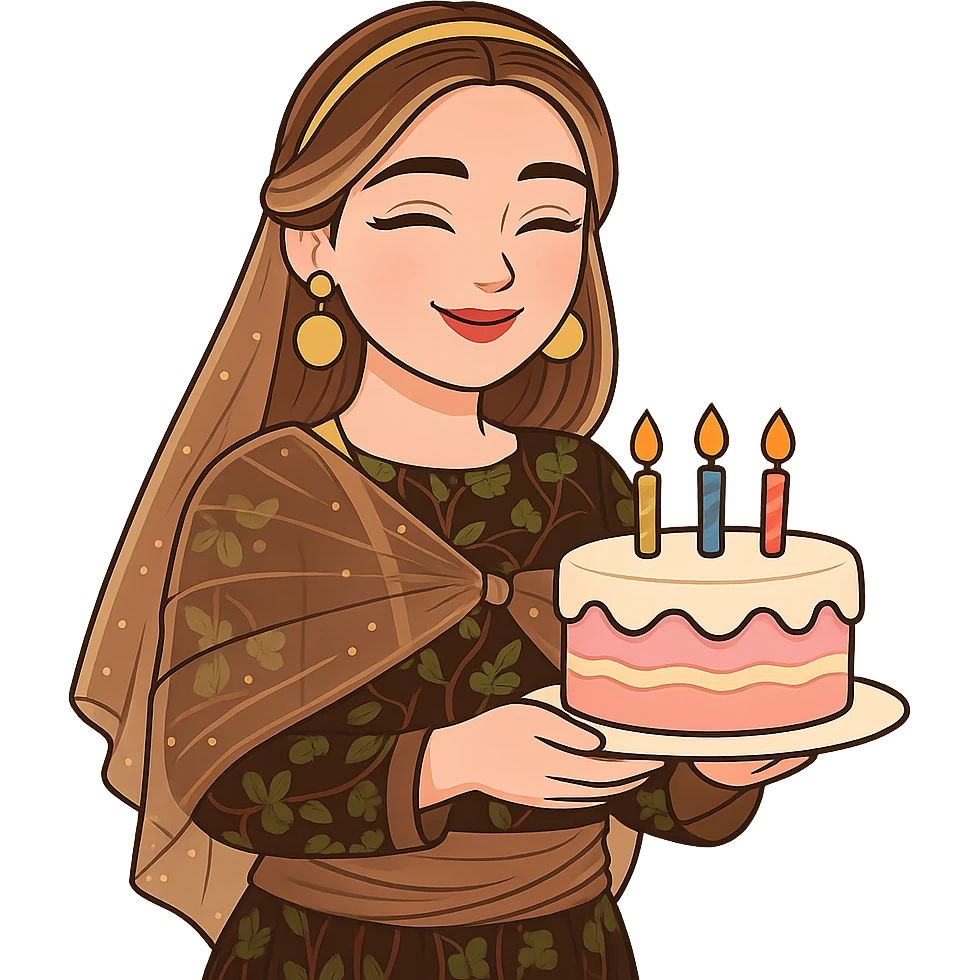Kurdish cartoon sticker of the same woman in the new dress, celebrating a birthday, holding a cake with candles, happy face, no text, transparent background emoji