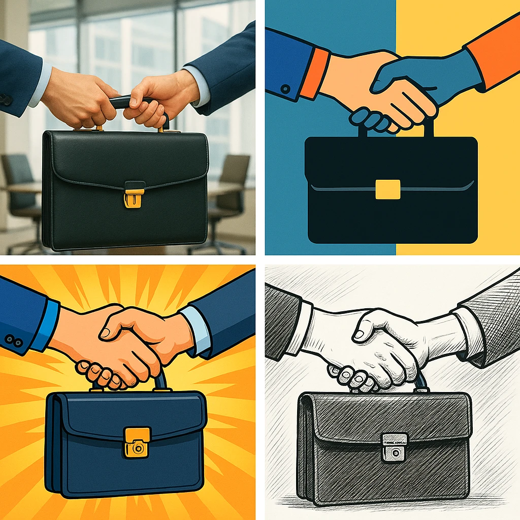 Two hands exchanging a briefcase, symbolizing the completion of a business agreement, in four distinct visual interpretations. emoji
