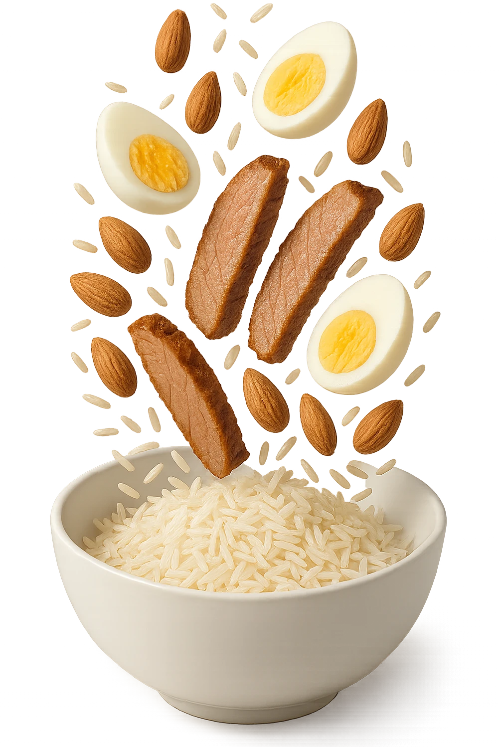 bowl bianca in cui cadono verticalmente fettine di carne, uova sode, mandorle e riso basmati emoji