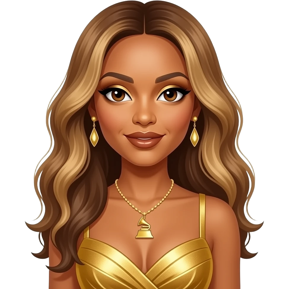 Beyonce from Destiny's Child with brown eyes, long light brown hair with blonde highlights, gold eyeshadow, brown lipstick, gold grammy dress, necklace and earrings emoji