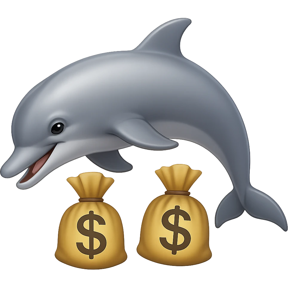Add bags of money next to the playful dolphin in the same playful dolphin style, no background. emoji
