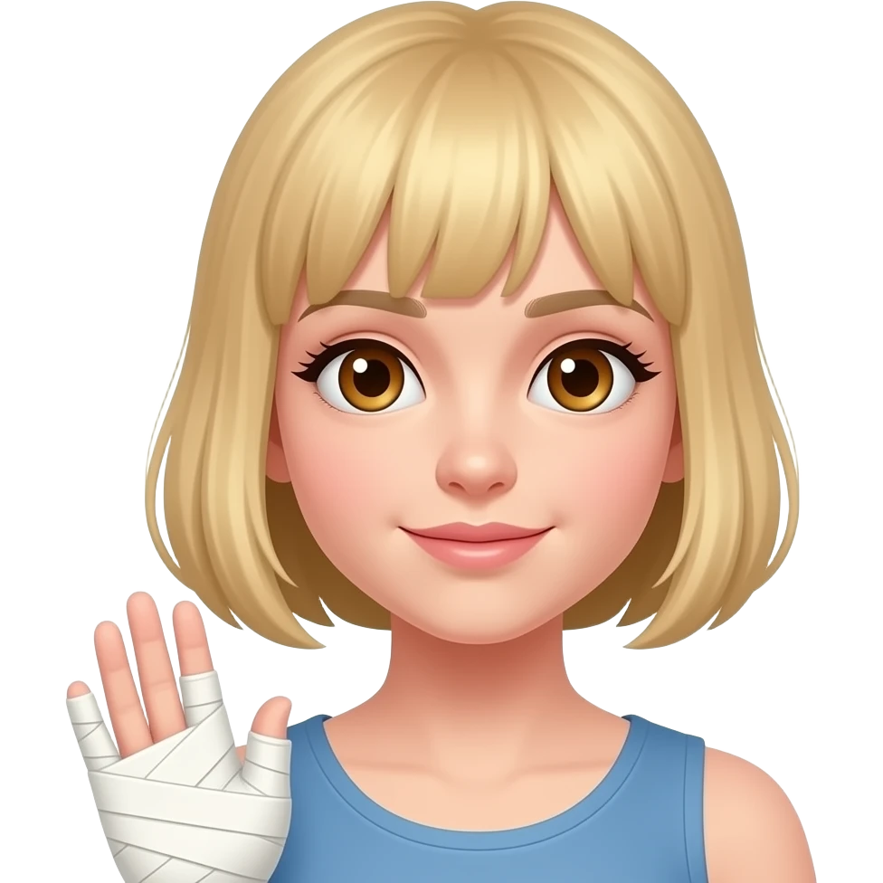 a blond teenage girl with bob haircut and brown eyes with a gypsum on her hand emoji