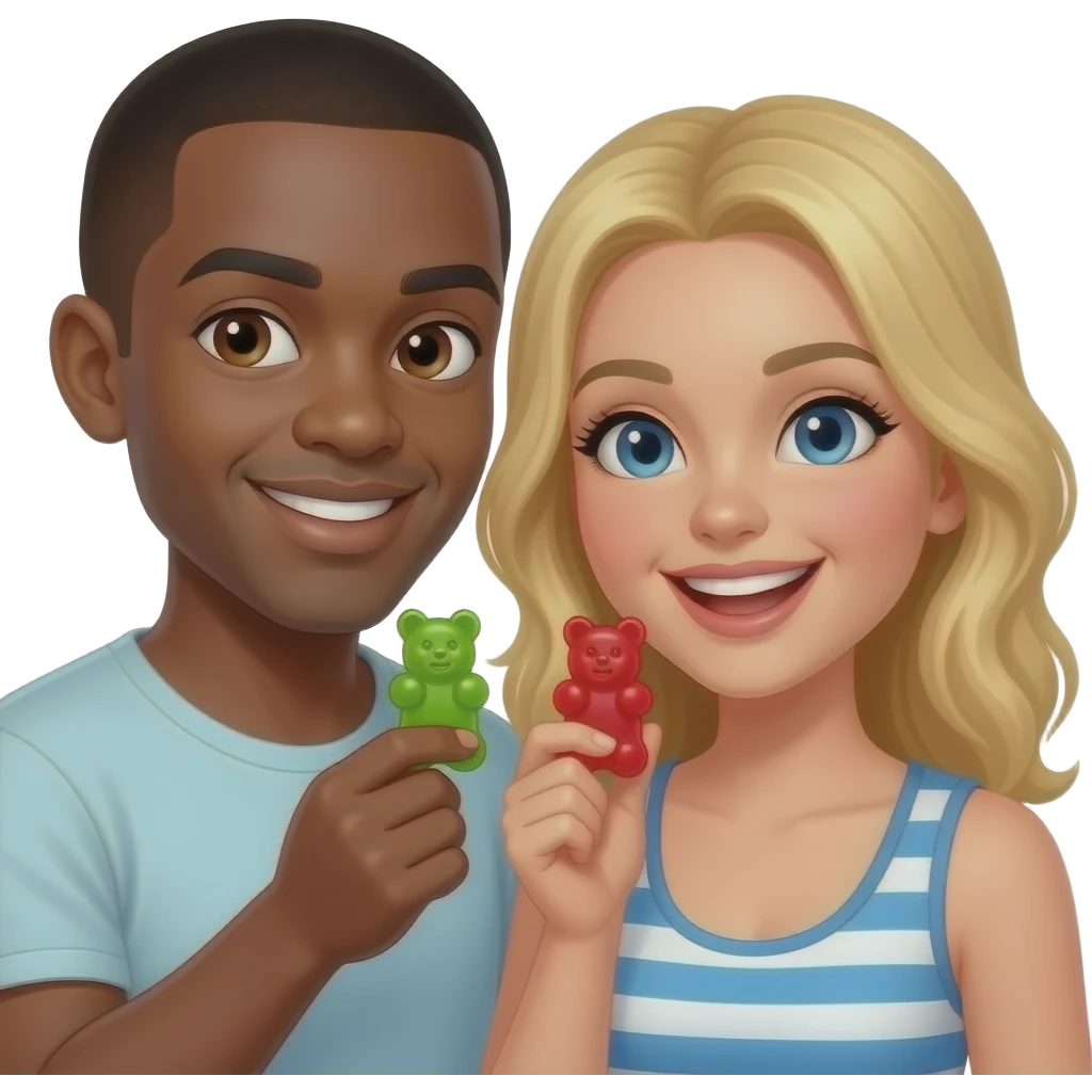 Black man with shaved head & blonde girlfriend sharing gummy bears emoji