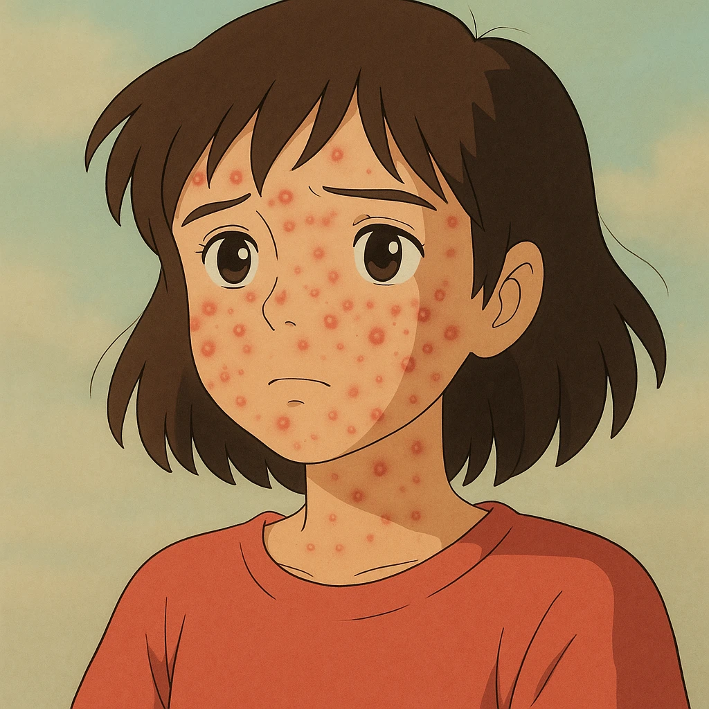 ghibli style chica con acné en el rostro, fondo suave emoji