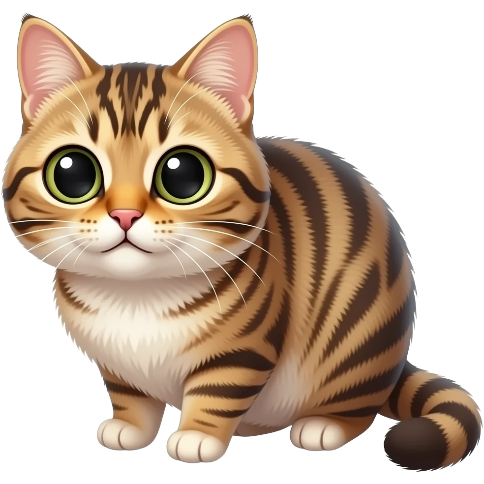 tabby cat in looking like a big fluffy ball qui a tail and big  bulging eyes, cartoon style emoji