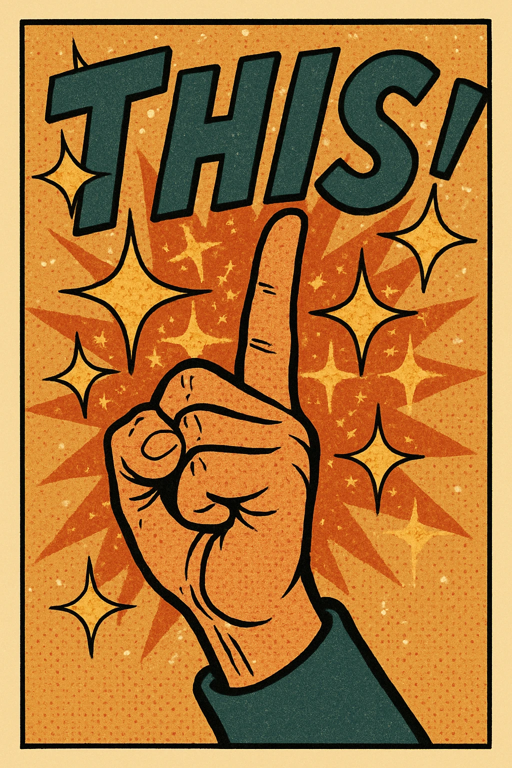 Add sparkles around the hand and the word THIS, keep the energetic and expressive comic style. emoji
