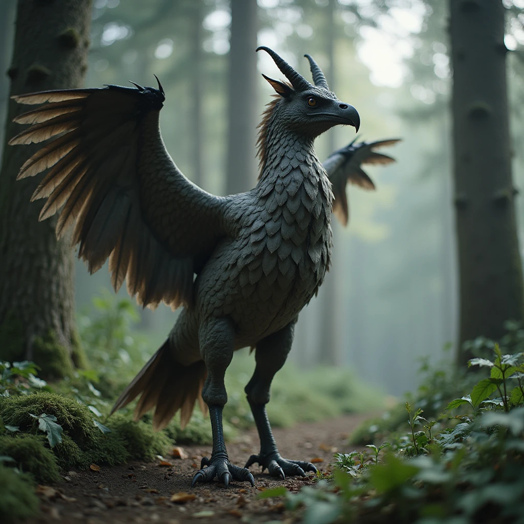 Buckbeak the hippogriff in the Forbidden Forest, Harry Potter series, photorealistic style emoji