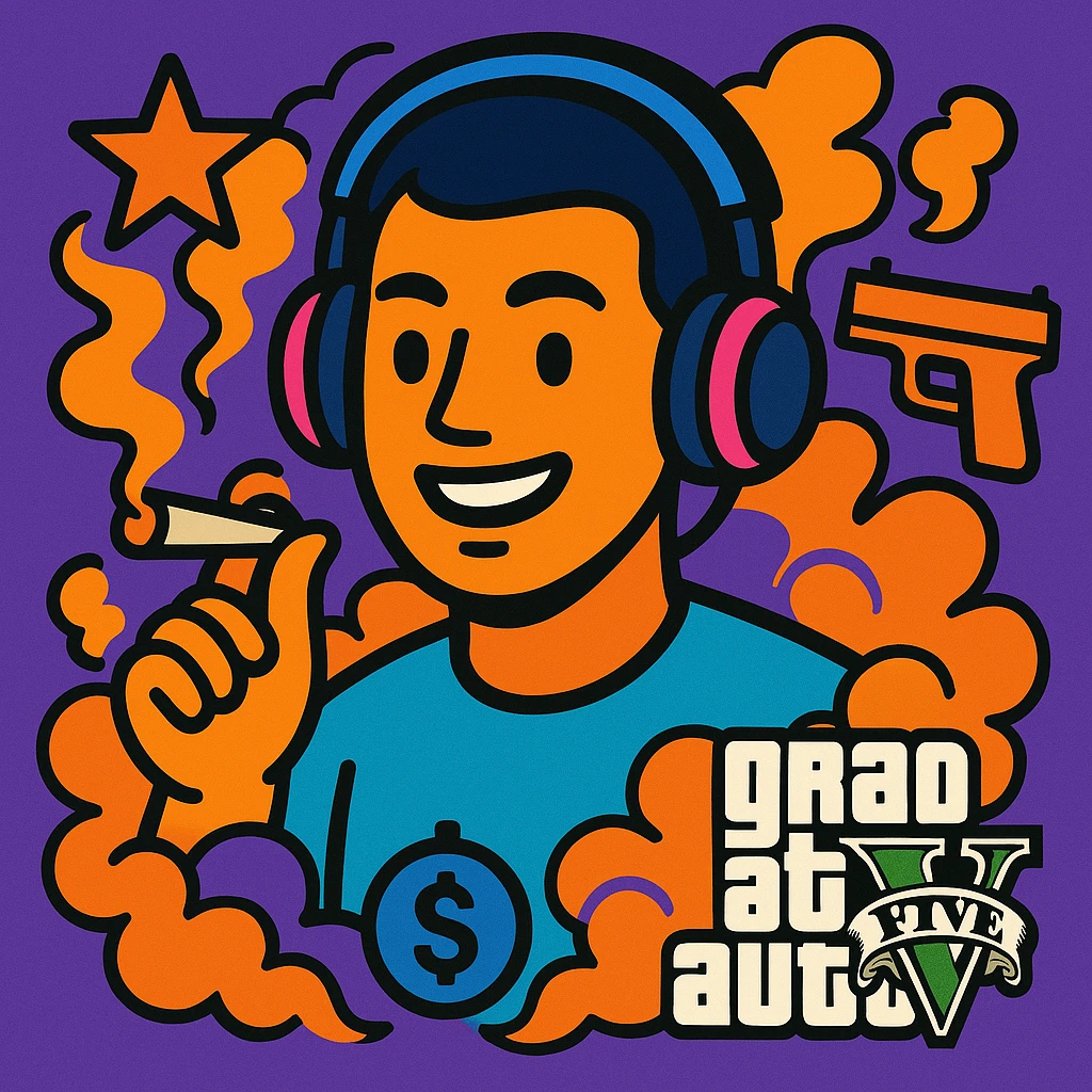 streamer avatar with headphones surrounded by smoke and GTA V icons holding a joint emoji