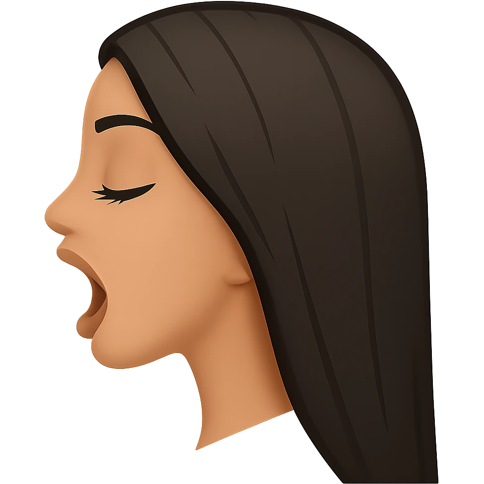 Create a side view (profile) of this woman's head in the normal iPhone emoji style, with closed eyes, long eyelashes, mouth open wide, smooth shading, no outlines, long dark hair, and lips clearly visible. Variant 1. emoji