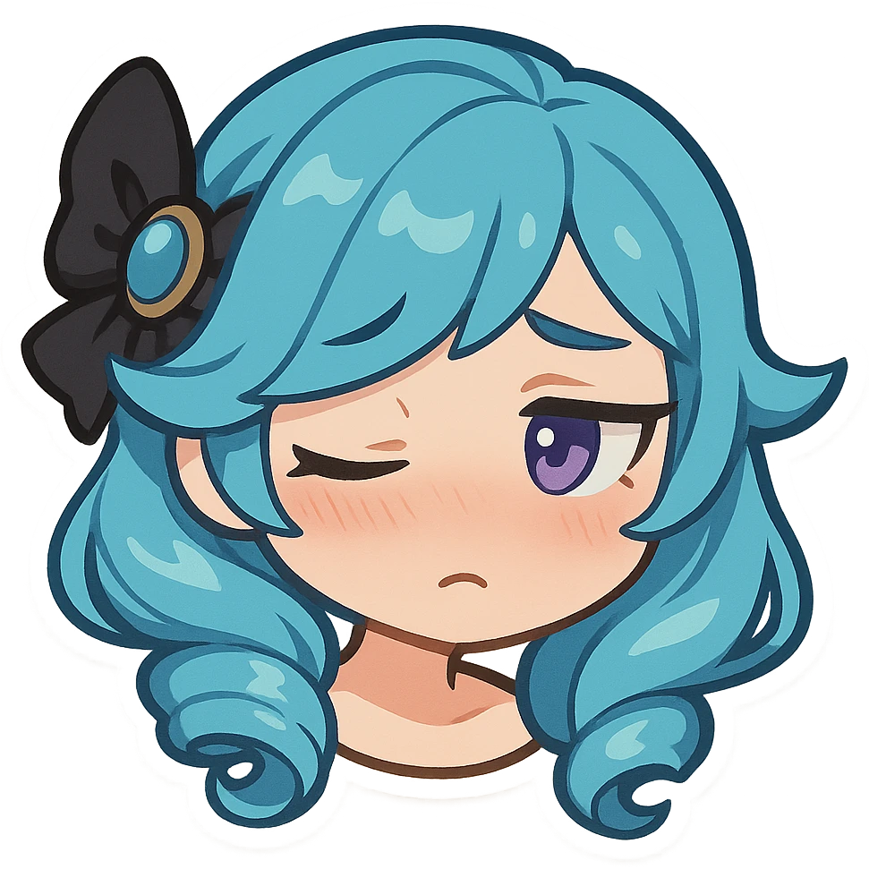 Gwen from League of Legends, shy emote, chibi style, only head, right eye purple, looking away emoji
