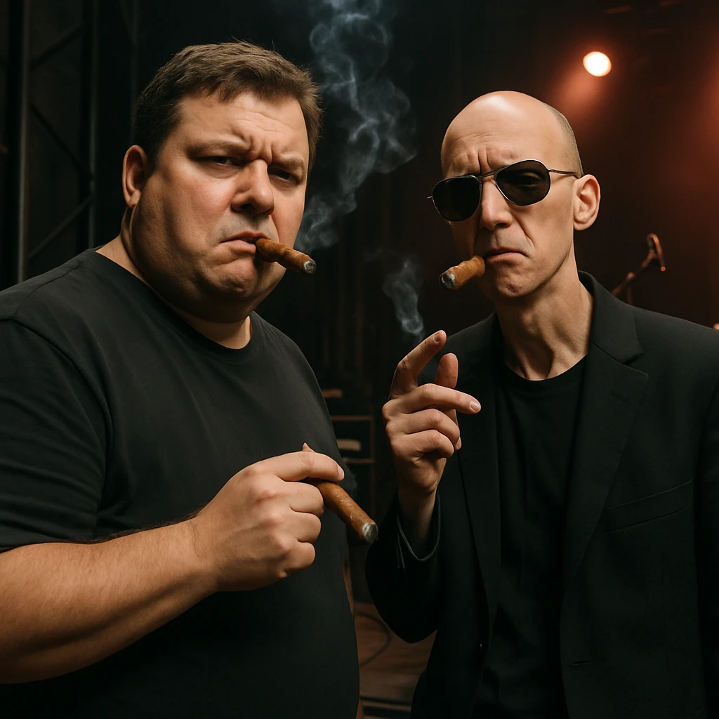 Par de personas que trabajan en la industria musical (hombre robusto de 40 años y otro hombre flaco calvo y con lentes de sol), parados conversando en el backstage de un concierto, con aires de superioridad, mientras se fuman un cigarro, mientras miran a la cámara (músico) de forma despectiva y burlona emoji
